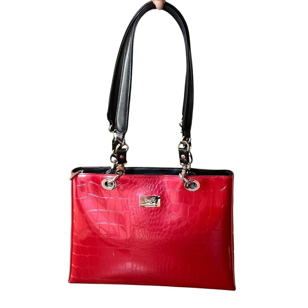 Beijo Shoulder Briefcase Bag Womens Lg Red Croc Embossed Faux Leather Tote Purse